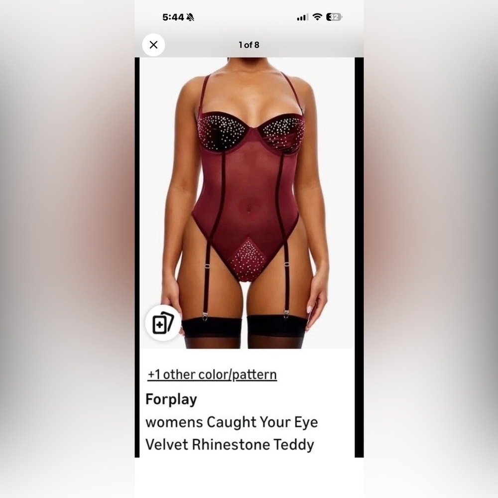 NEW Forplay Burgundy Rhinestone Mesh Bodysuit with Garter Straps Teddy Size XL